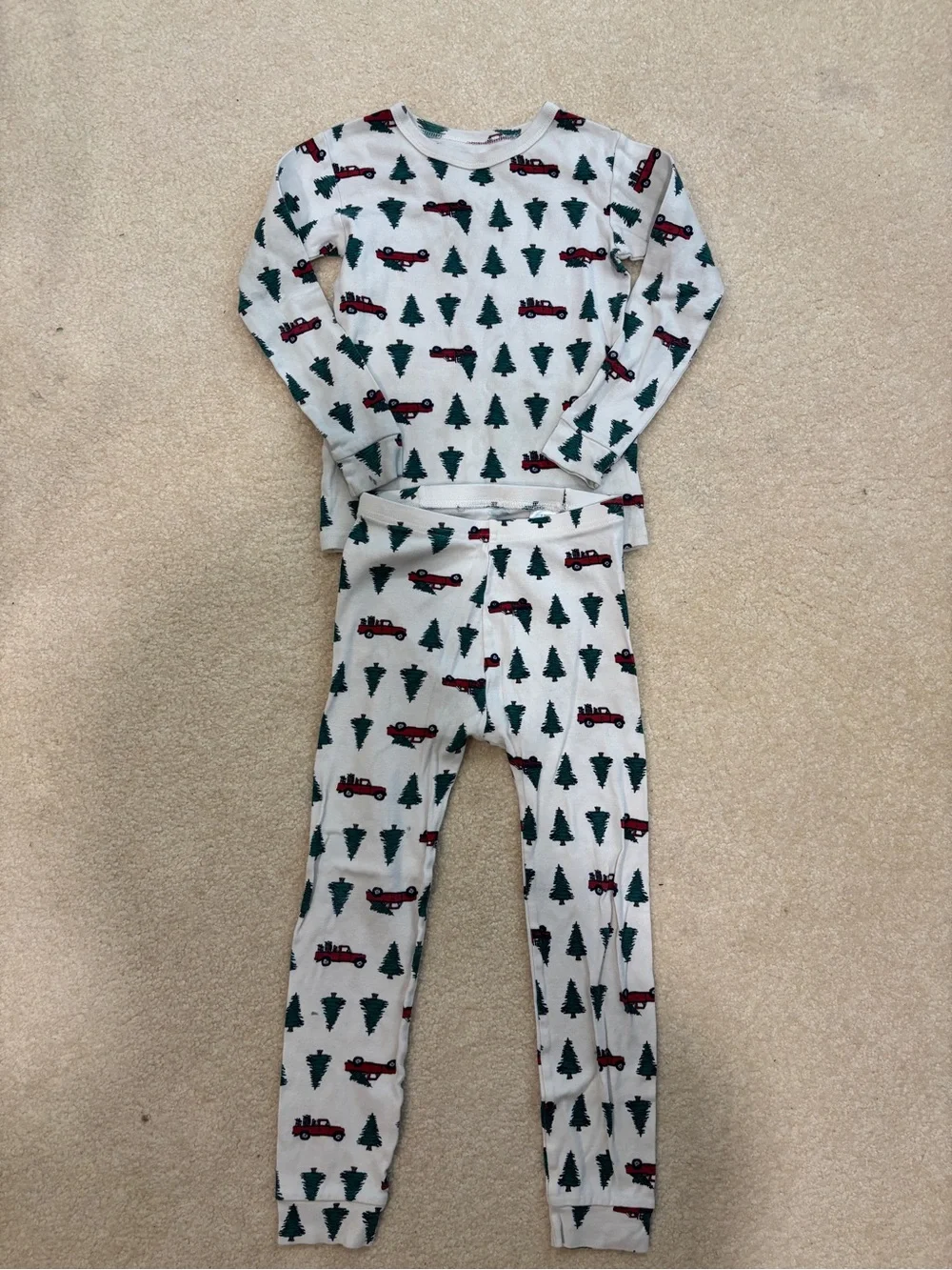 Gap Kids White Holiday Pajama Set with Green Trees and Red Trucks Size 6